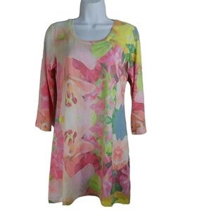 Soft Surroundings Colorful Floral Watercolor Tunic Top Scoop Neck 3/4 Sleeve M